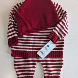 Carter's Red and Cream Striped Baby Sweater, Pants & Hat
